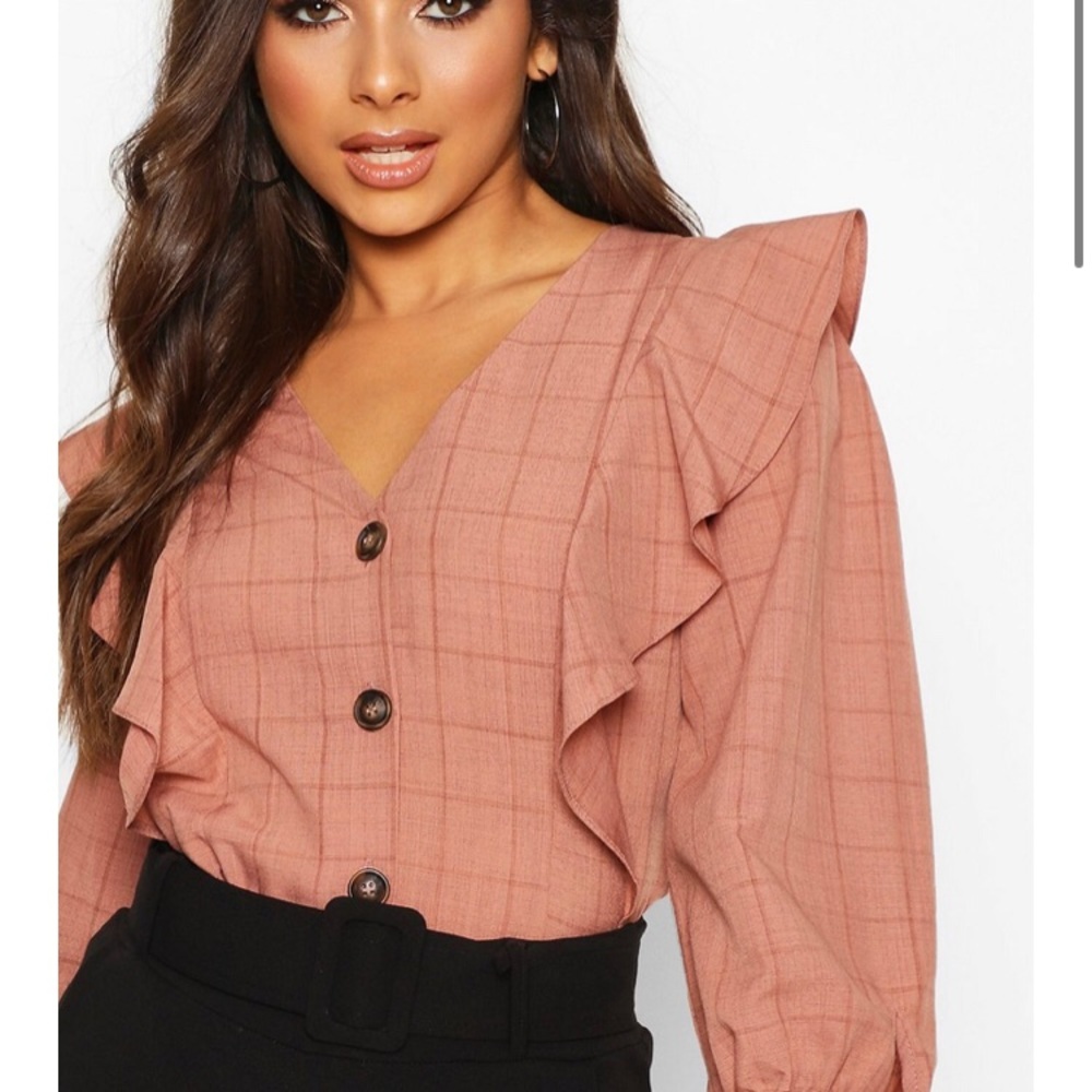Check Button Down Ruffle Blouse - Picture 5 of 5